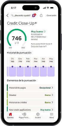 Imagen de la solicitud de Credit Close-Up donde se muestra un ejemplo de Puntuación FICO® Score de 820