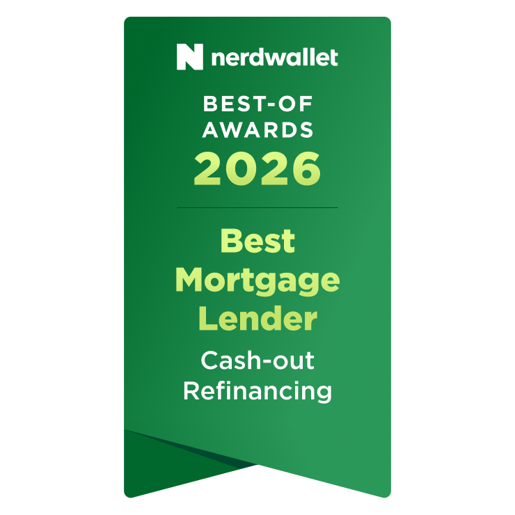 Anuncio estilo banderín verde oscuro con el nombre y el logotipo de NerdWallet, que otorga a Wells Fargo el premio Best-Of Awards de 2026 al Mejor Prestamista Hipotecario para Refinanciamiento con Obtención de Efectivo (Cash-out).
