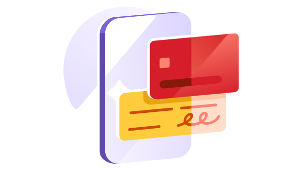 Imagen de un teléfono inteligente que muestra una interfaz de cuenta de cheques, acompañada de varias tarjetas de débito de cuenta de cheques dispersas a su alrededor.