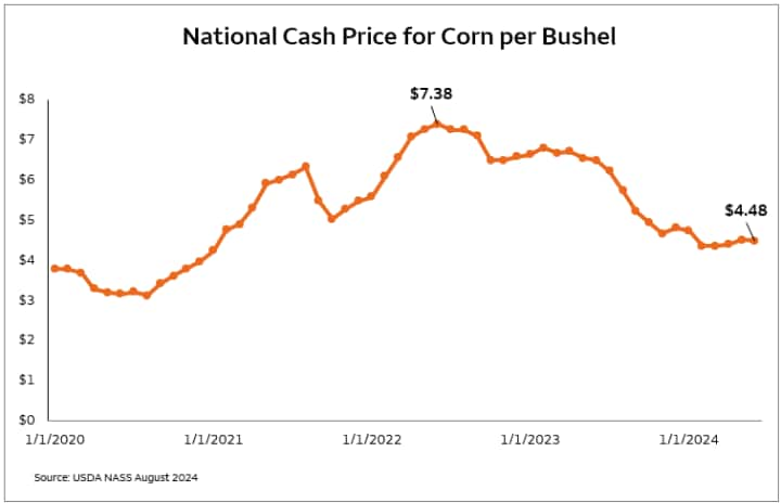 Line graph depicting the national corn price per bushel from January 1, 2020 through mid-2024.  Trend line shows a steady increase up to the all-time high of $7.38 per bushel in mid 2022 when it then began to steadily trend downward.  Corn was at $4.48 per bushel in June of 2024.