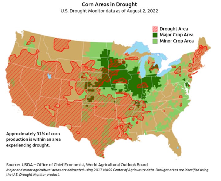 As of August 2022, 31% of U.S. corn production was within an area experiencing drought