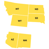 Map of New Mexico, Arizona, Montana, Wyoming, North Dakota, and South Dakota