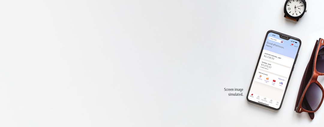 Product showcase. Smartphone screen showing different checking account options.