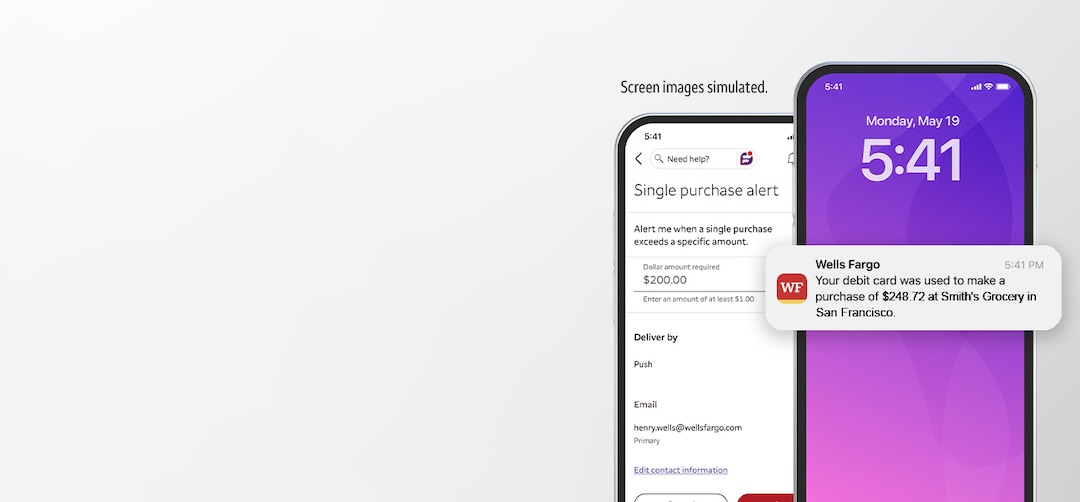 An animated GIF featuring a phone screen showing the Wells Fargo Mobile app at work, particularly how it alerts users on card activities