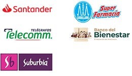 Banco Santander, Bansefi, Telecomm Telégrafos, Farmacias Guadalajara, Suburbia, Superama
