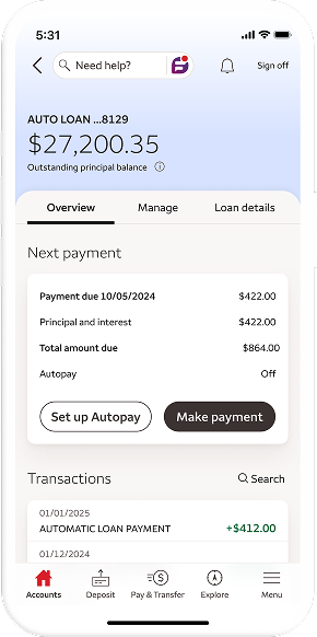 Image of auto loan account info in the Wells Fargo Mobile app