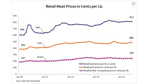 Line chart illustrating the changing feed cost for a hog for sale between 2020 and 2022 whereby feeding a hog for sale rose from $72 in September of 2020 to $131 in June of 2022. Costs have since begun to decline and were at $94 per head as of June 2024.