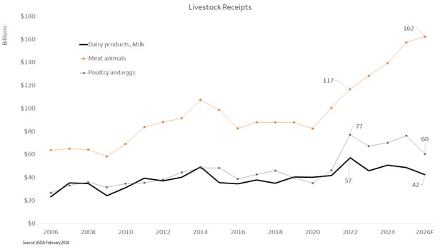 Line chart titled ‘Livestock Receipts’ showing U.S. receipts for dairy products and milk, meat animals, and poultry and eggs from 2006 to 2026F (billions of dollars). Meat animal receipts rise steadily and peak around 2022 to $117 billion and further in 2025–2026 to $162 billion, while poultry and eggs increase sharply after 2020 to a $77 billion in 2022 before declining slightly to $60 billion by 2026F. Dairy receipts grow more gradually with fluctuations from $57 billion in 2022 before declining to $42 billion by 2026F. Source: USDA, February 2026.